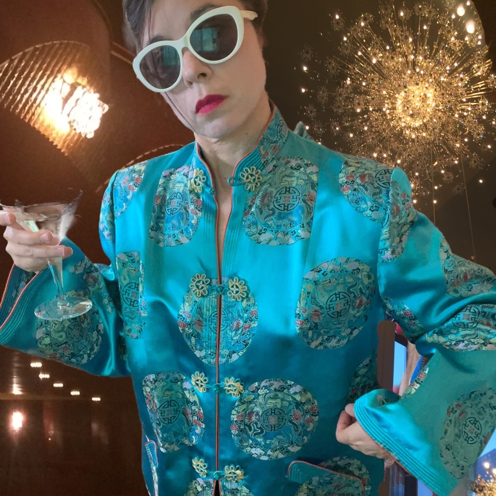 Teal Embroidered Silk Satin Blazer Loungewear with Flair